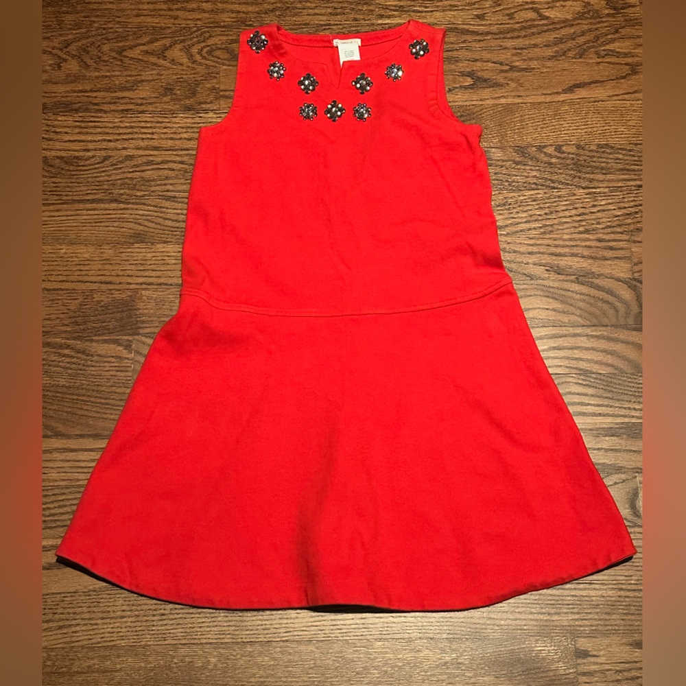 Crewcuts kids red flare dress with rhinestone flower details size 8